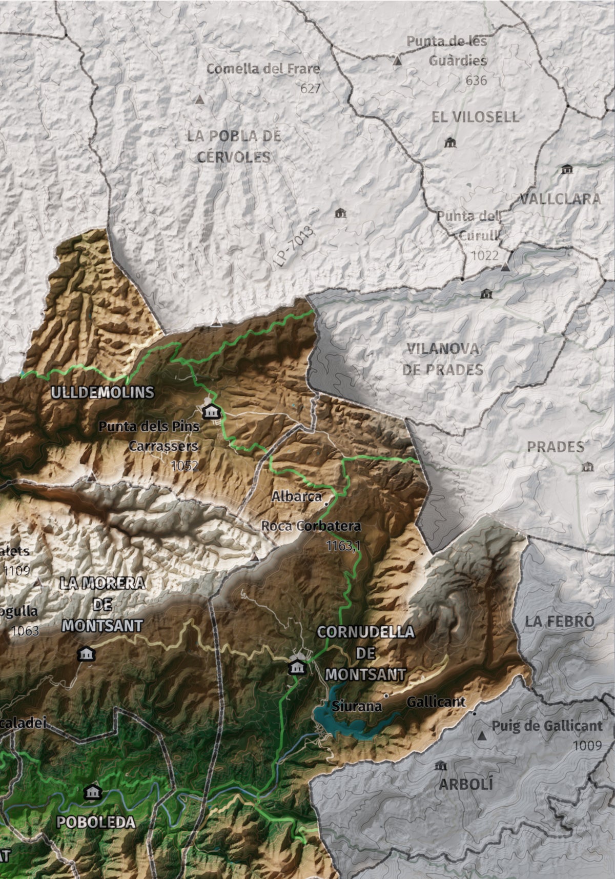 Mapa de relieve del Priorat, con el territorio en color y el entorno en blanco. Detalle de la zona superior derecha. 21 × 30 cm. Estilo Clásico.