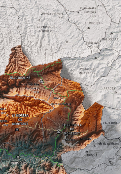 Mapa de relieve del Priorat, con el territorio en color y el entorno en blanco. Detalle de la zona superior derecha. 21 × 30 cm. Estilo Azul y naranja.