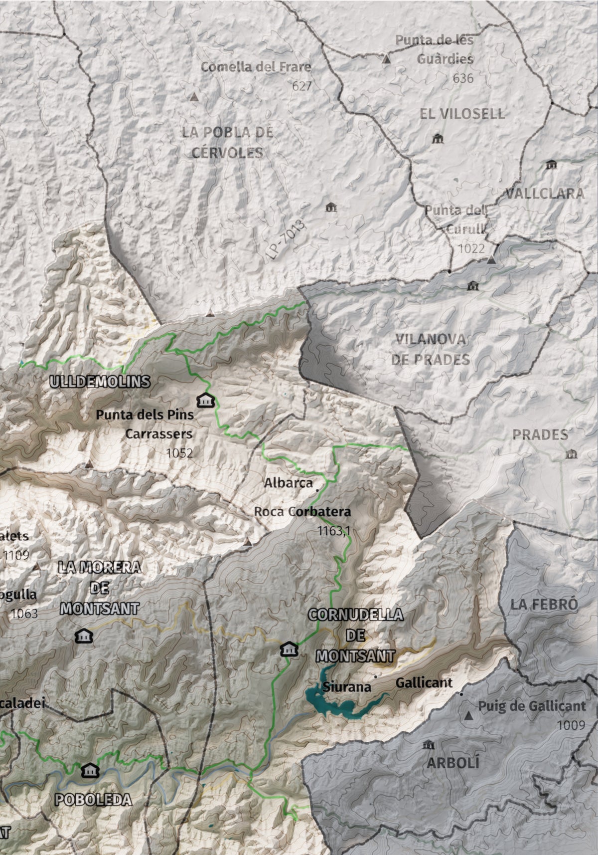 Mapa de relieve del Priorat, con el territorio en color y el entorno en blanco. Detalle de la zona superior derecha. 21 × 30 cm. Estilo Cartográfico.