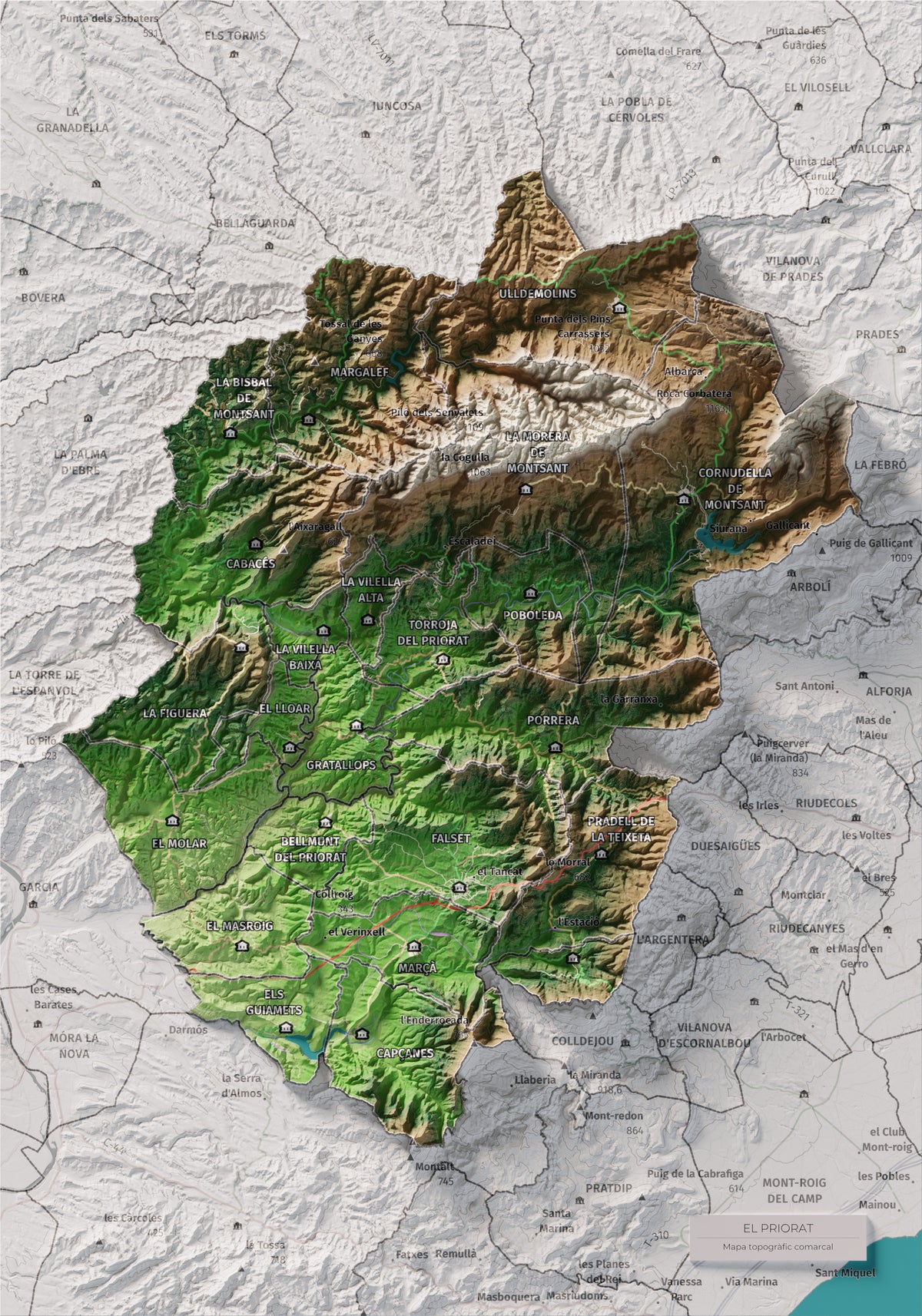 Mapa de relieve del Priorat, con el territorio en color y el entorno en blanco. Vista completa de la lámina. 21 × 30 cm. Estilo Clásico.