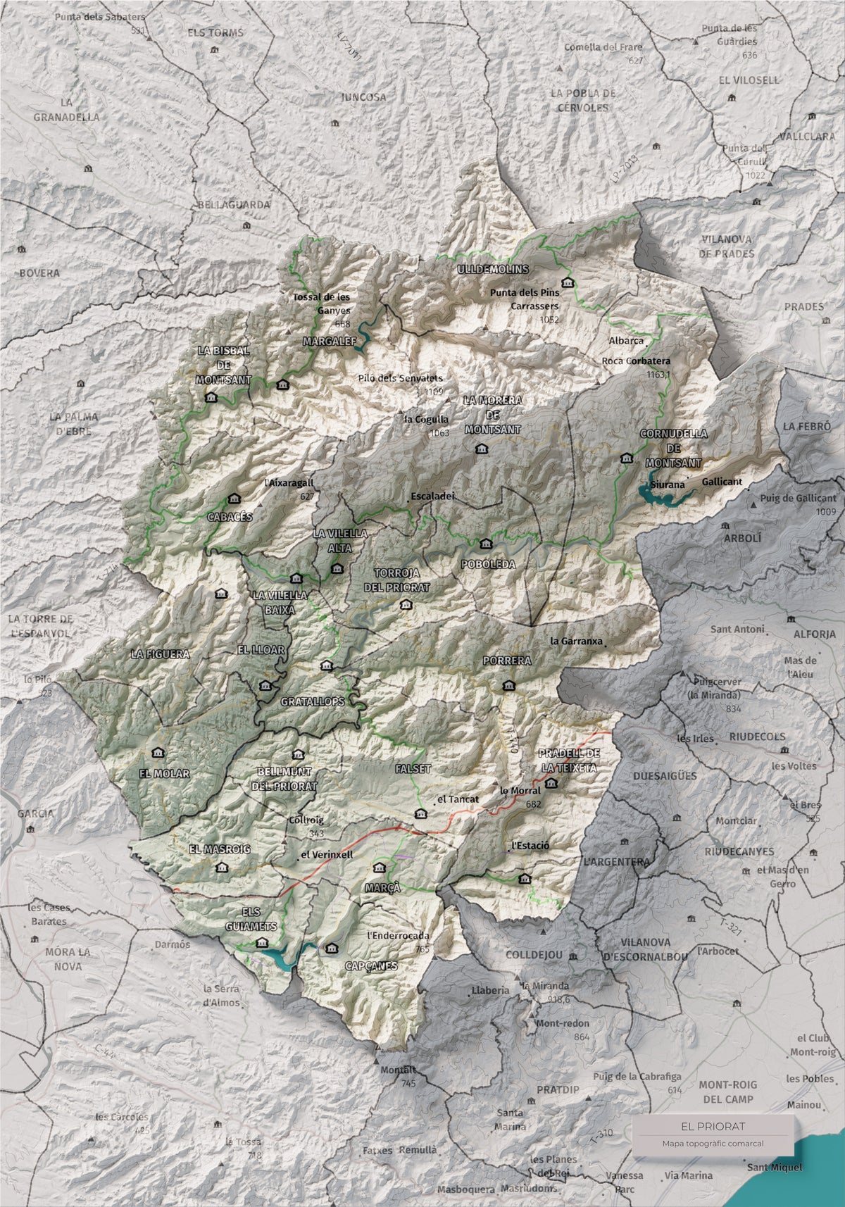 Mapa de relieve del Priorat, con el territorio en color y el entorno en blanco. Vista completa de la lámina. 21 × 30 cm. Estilo Cartográfico.