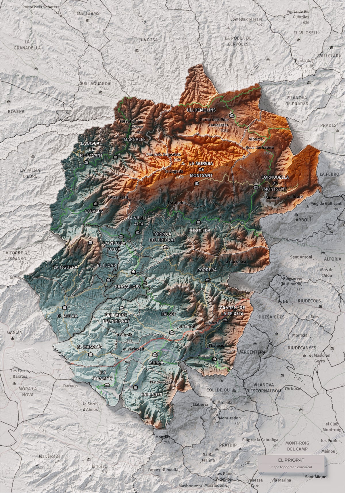 Mapa de relieve del Priorat, con el territorio en color y el entorno en blanco. Vista completa de la lámina. 21 × 30 cm. Estilo Azul y naranja.