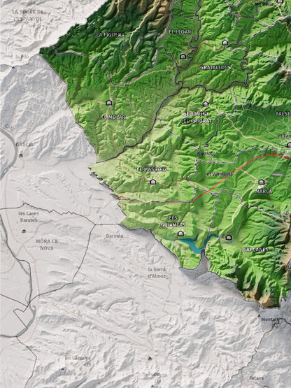 Mapa de relieve del Priorat, con el territorio en color y el entorno en blanco. Detalle de la zona inferior izquierda. 30 × 40 cm. Estilo Clásico.