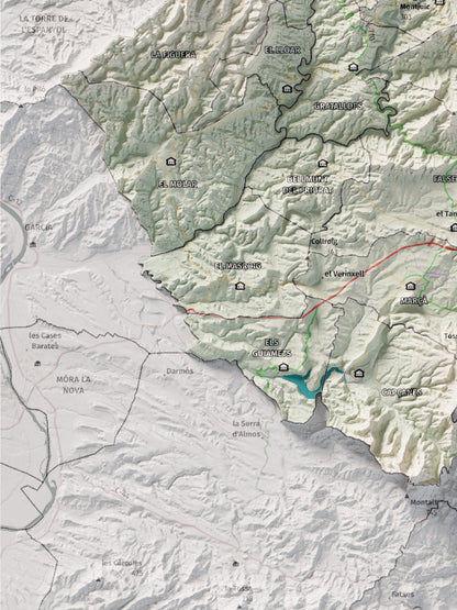 Mapa de relieve del Priorat, con el territorio en color y el entorno en blanco. Detalle de la zona inferior izquierda. 30 × 40 cm. Estilo Cartográfico.