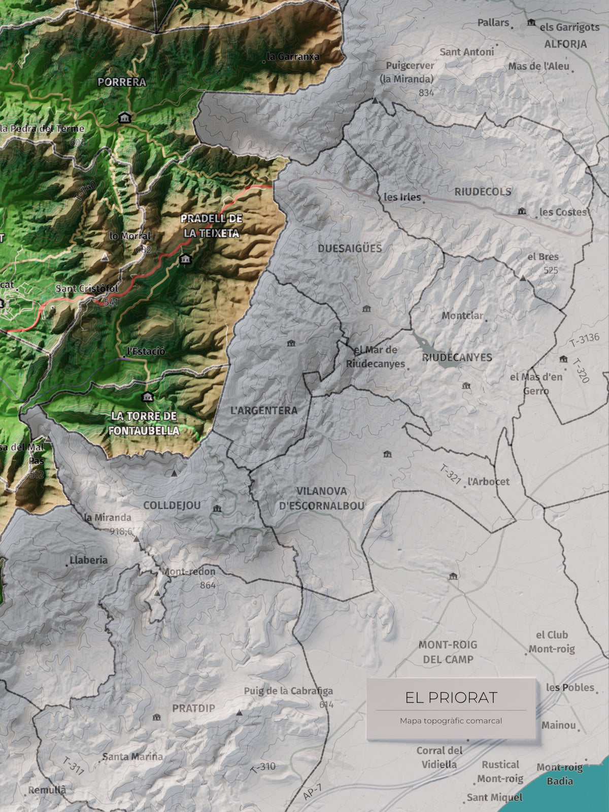 Mapa de relieve del Priorat, con el territorio en color y el entorno en blanco. Detalle de la zona inferior derecha. 30 × 40 cm. Estilo Clásico.