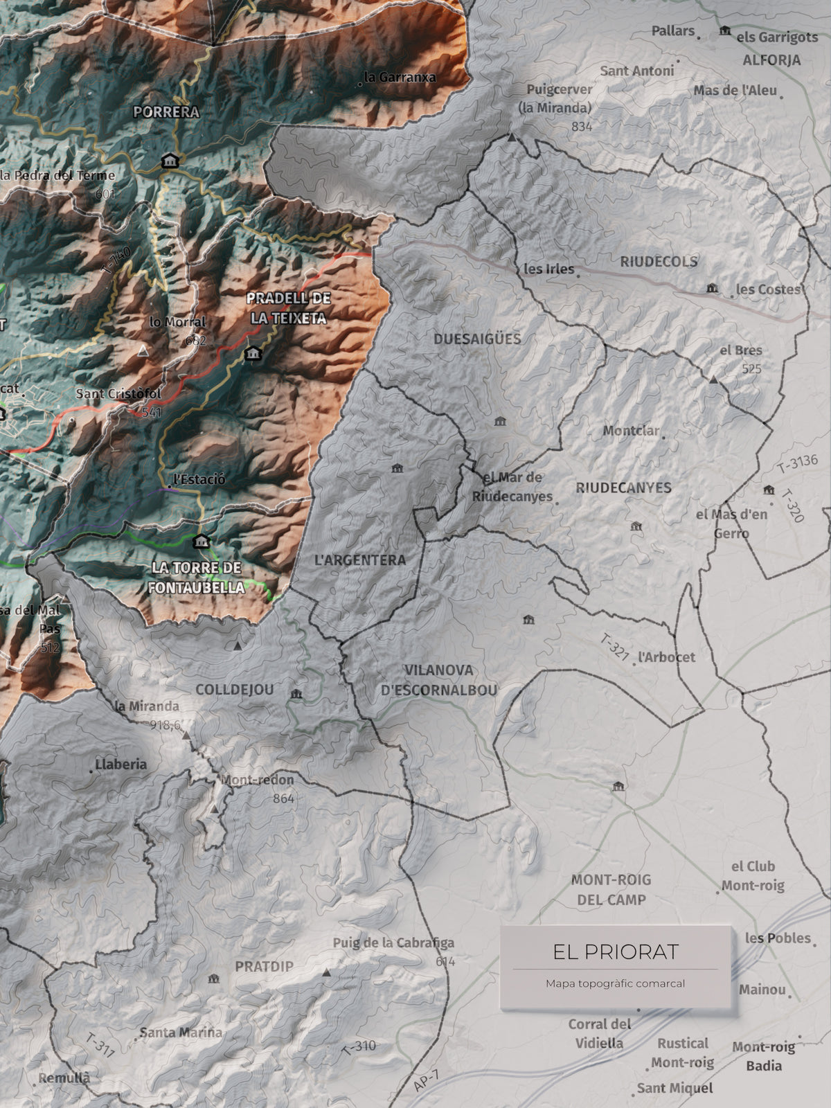 Mapa de relieve del Priorat, con el territorio en color y el entorno en blanco. Detalle de la zona inferior derecha. 30 × 40 cm. Estilo Azul y naranja.