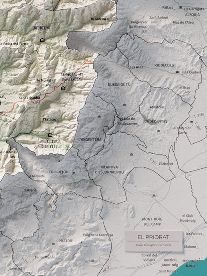 Mapa de relieve del Priorat, con el territorio en color y el entorno en blanco. Detalle de la zona inferior derecha. 30 × 40 cm. Estilo Cartográfico.