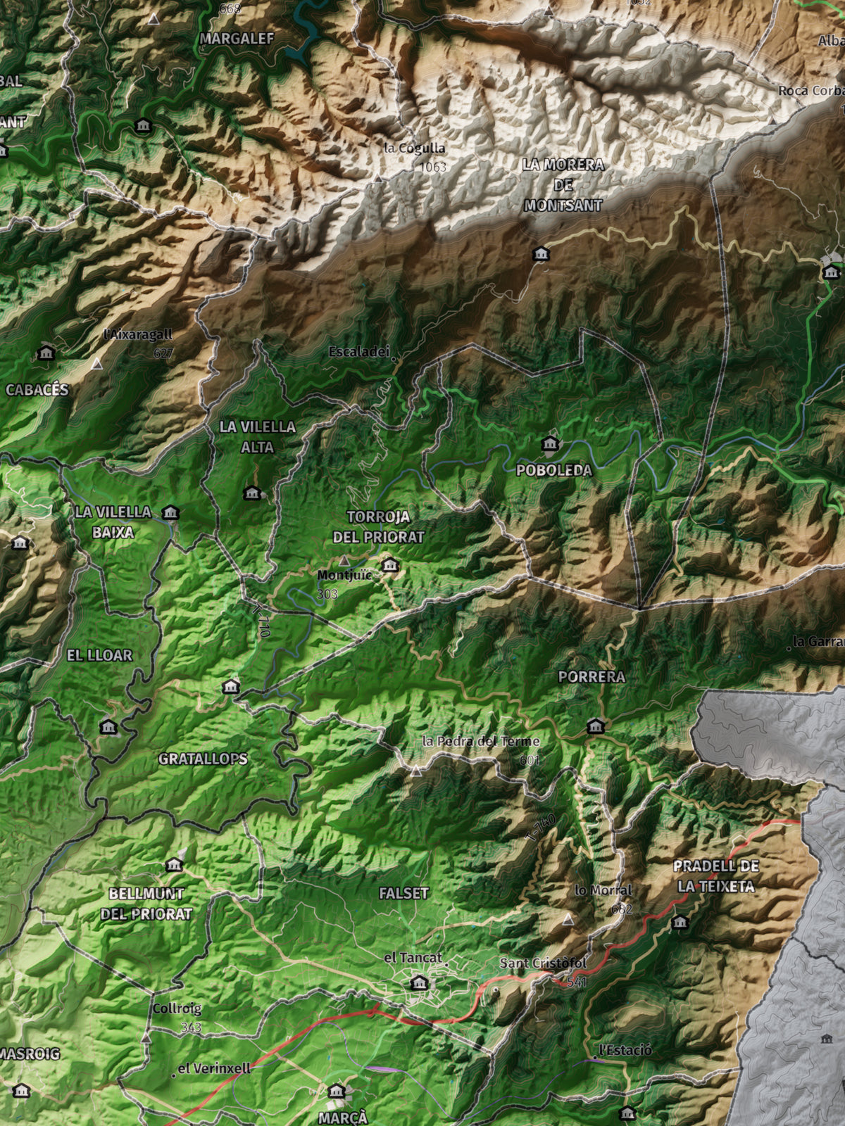 Mapa de relieve del Priorat, con el territorio en color y el entorno en blanco. Detalle de la zona central. 30 × 40 cm. Estilo Clásico.