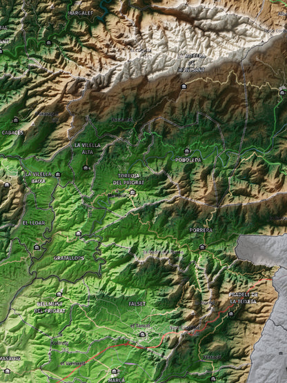 Mapa de relieve del Priorat, con el territorio en color y el entorno en blanco. Detalle de la zona central. 30 × 40 cm. Estilo Clásico.