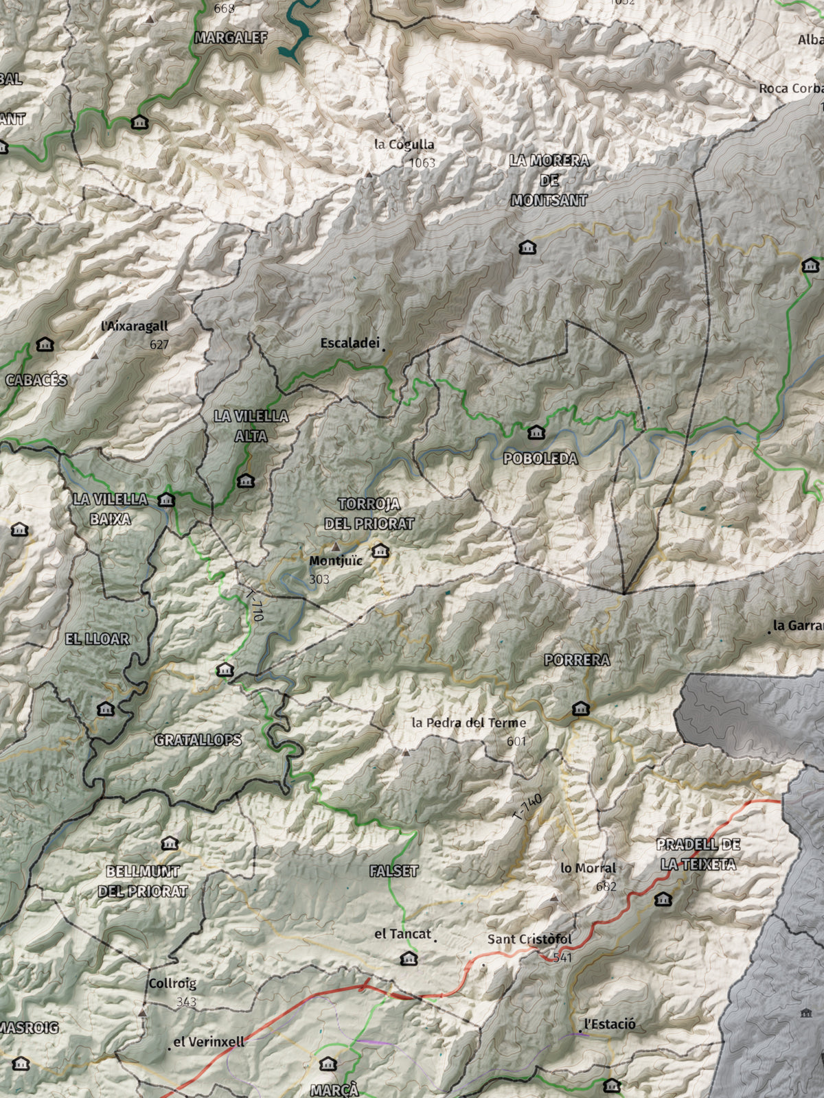 Mapa de relieve del Priorat, con el territorio en color y el entorno en blanco. Detalle de la zona central. 30 × 40 cm. Estilo Cartográfico.