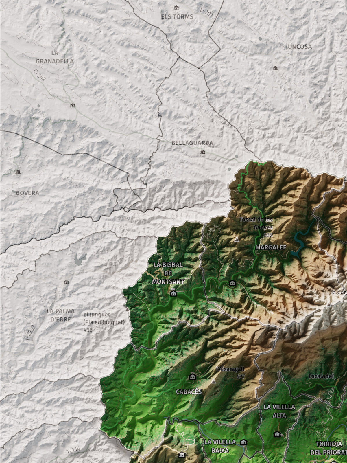 Mapa de relieve del Priorat, con el territorio en color y el entorno en blanco. Detalle de la zona superior izquierda. 30 × 40 cm. Estilo Clásico.