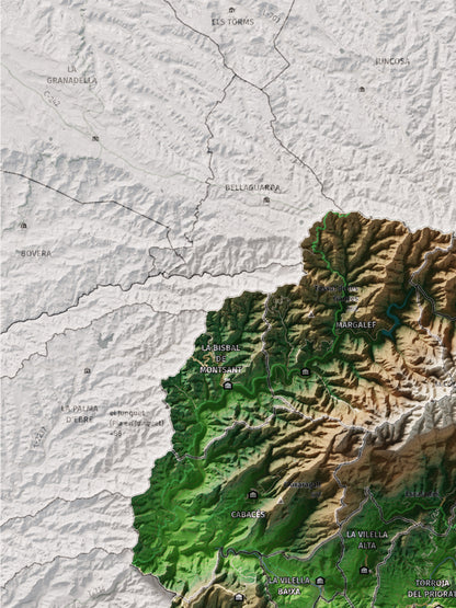 Mapa de relieve del Priorat, con el territorio en color y el entorno en blanco. Detalle de la zona superior izquierda. 30 × 40 cm. Estilo Clásico.