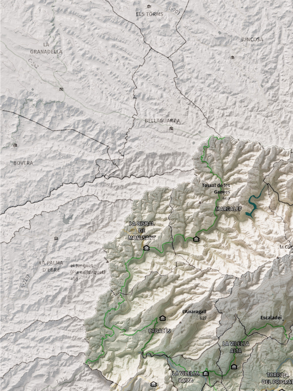 Mapa de relieve del Priorat, con el territorio en color y el entorno en blanco. Detalle de la zona superior izquierda. 30 × 40 cm. Estilo Cartográfico.