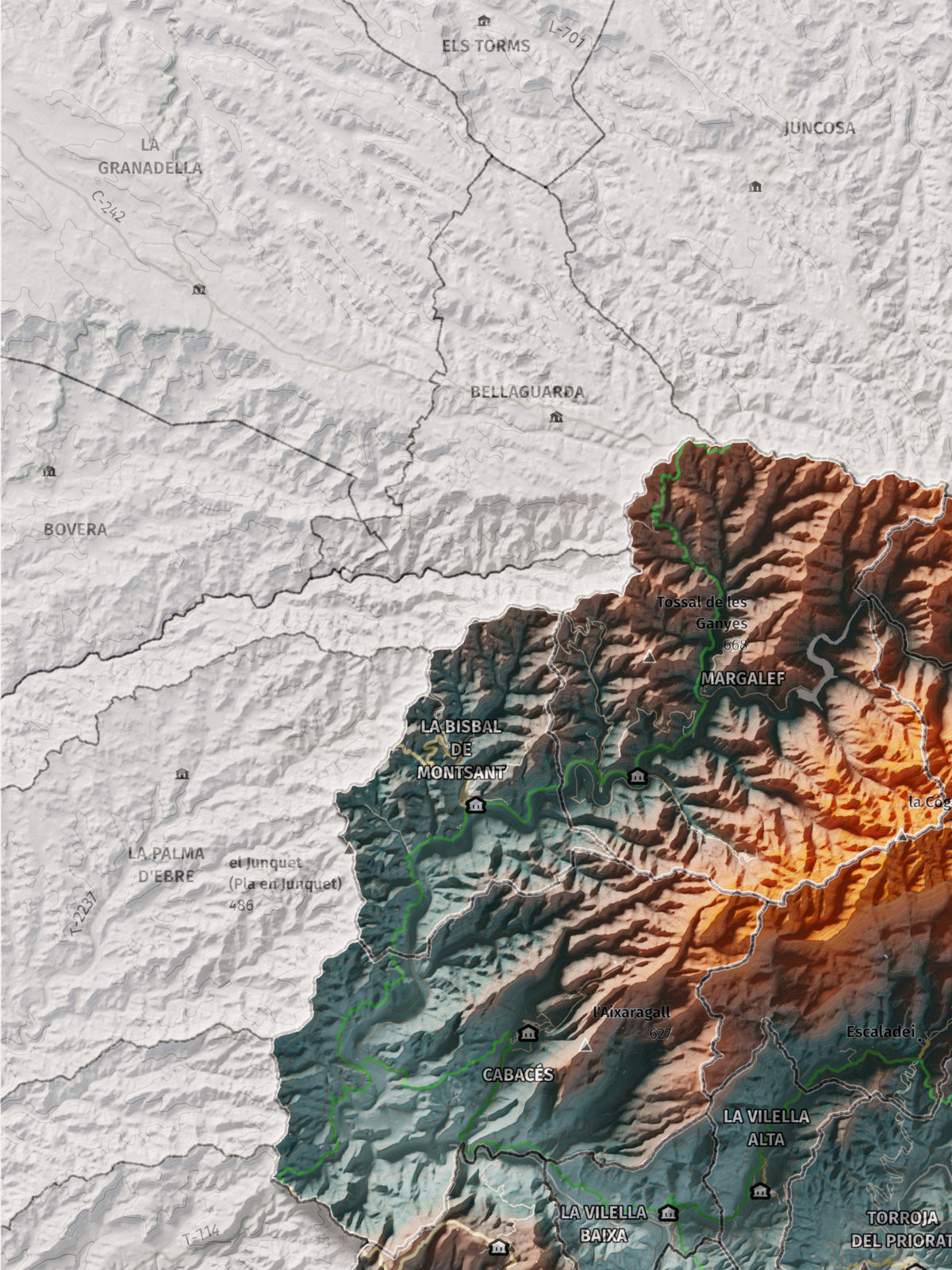 Mapa de relieve del Priorat, con el territorio en color y el entorno en blanco. Detalle de la zona superior izquierda. 30 × 40 cm. Estilo Azul y naranja.
