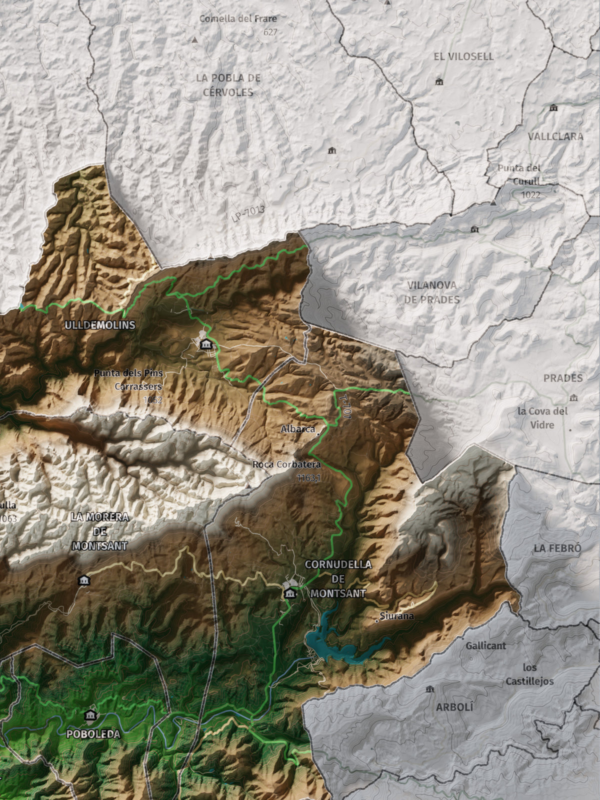 Mapa de relieve del Priorat, con el territorio en color y el entorno en blanco. Detalle de la zona superior derecha. 30 × 40 cm. Estilo Clásico.