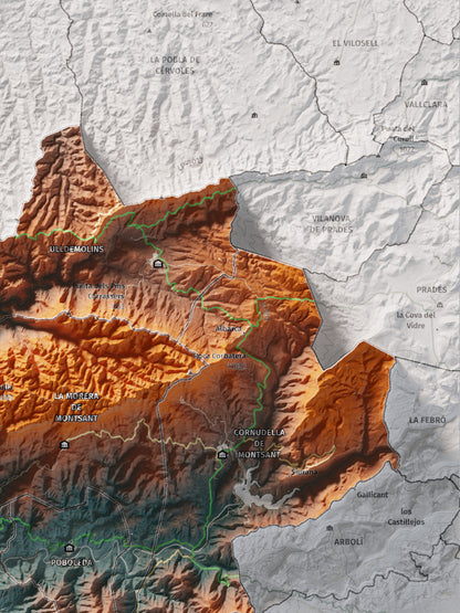 Mapa de relieve del Priorat, con el territorio en color y el entorno en blanco. Detalle de la zona superior derecha. 30 × 40 cm. Estilo Azul y naranja.