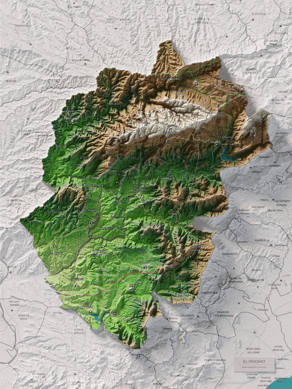 Mapa de relieve del Priorat, con el territorio en color y el entorno en blanco. Vista completa de la lámina. 30 × 40 cm. Estilo Clásico.