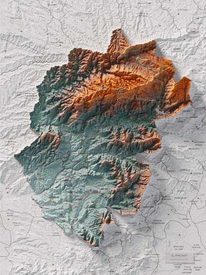 Mapa de relieve del Priorat, con el territorio en color y el entorno en blanco. Vista completa de la lámina. 30 × 40 cm. Estilo Azul y naranja.