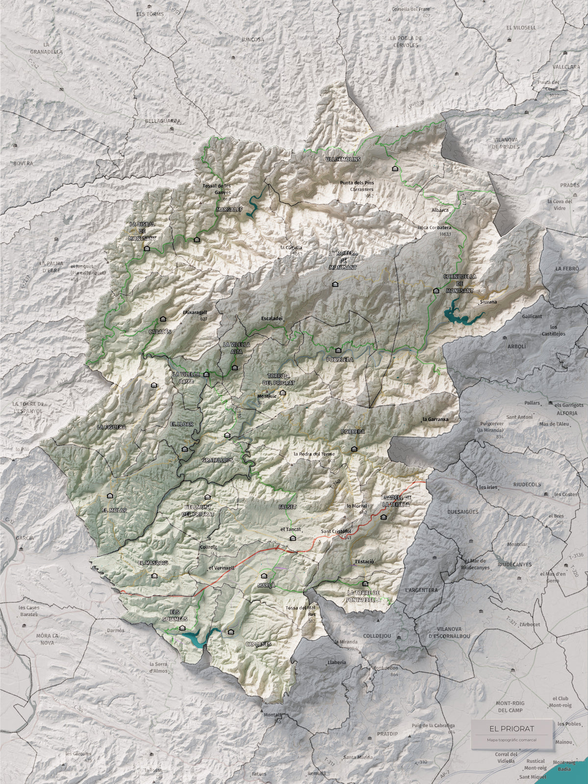 Mapa de relieve del Priorat, con el territorio en color y el entorno en blanco. Vista completa de la lámina. 30 × 40 cm. Estilo Cartográfico.