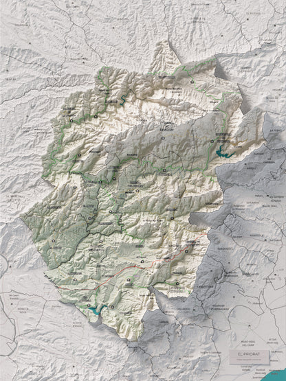 Mapa de relieve del Priorat, con el territorio en color y el entorno en blanco. Vista completa de la lámina. 30 × 40 cm. Estilo Cartográfico.
