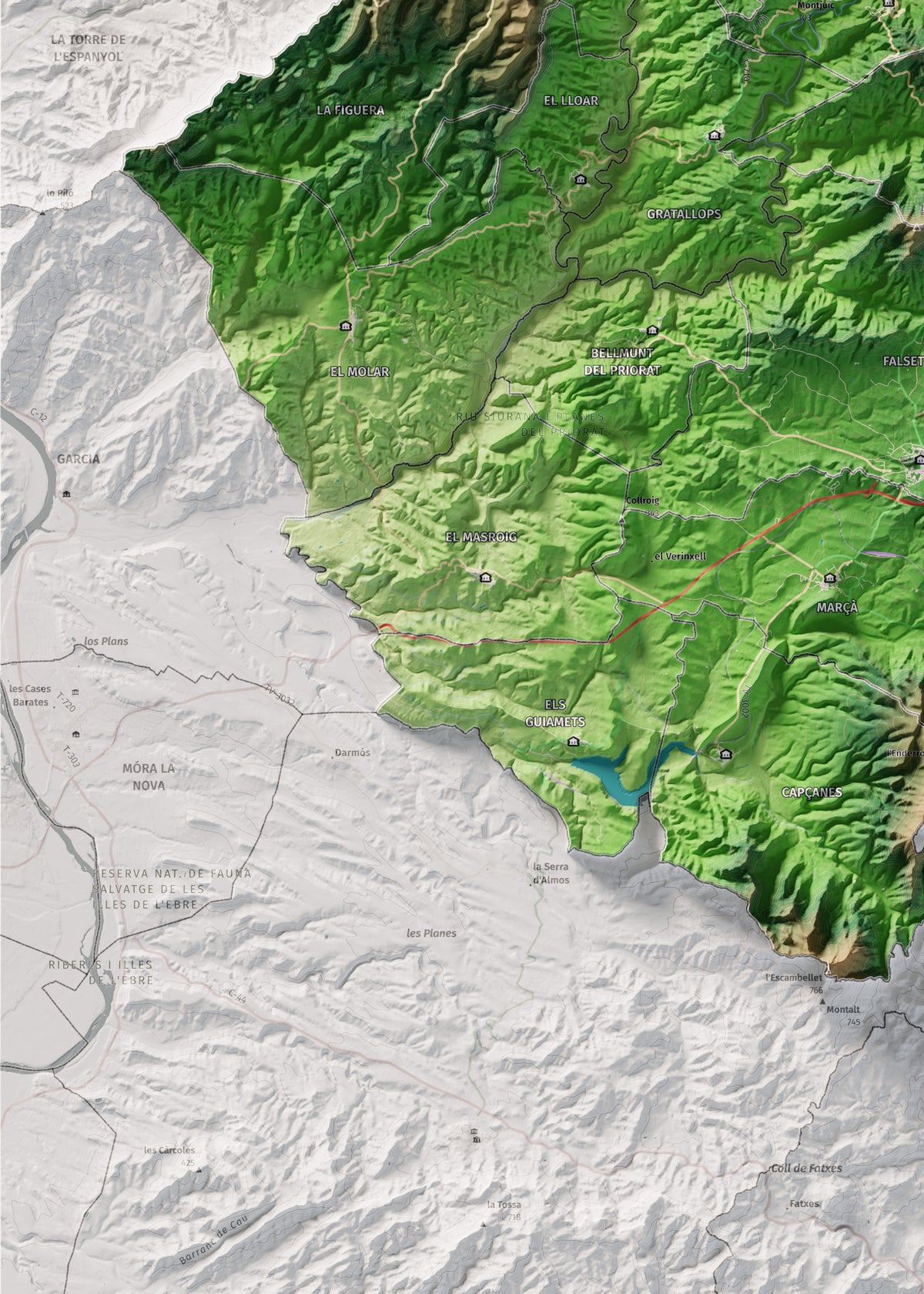 Mapa de relieve del Priorat, con el territorio en color y el entorno en blanco. Detalle de la zona inferior izquierda. 50 × 70 cm. Estilo Clásico.