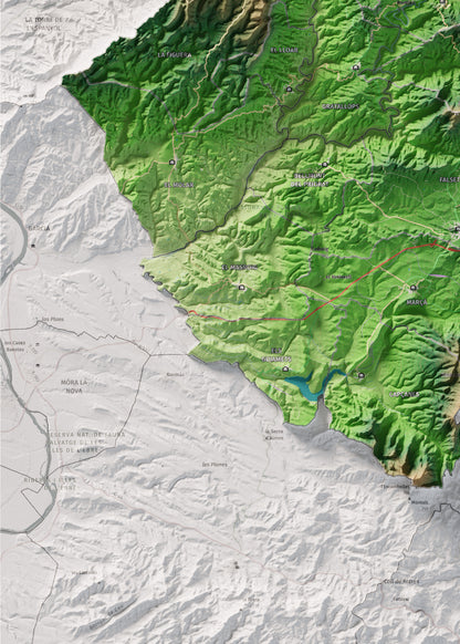 Mapa de relieve del Priorat, con el territorio en color y el entorno en blanco. Detalle de la zona inferior izquierda. 50 × 70 cm. Estilo Clásico.