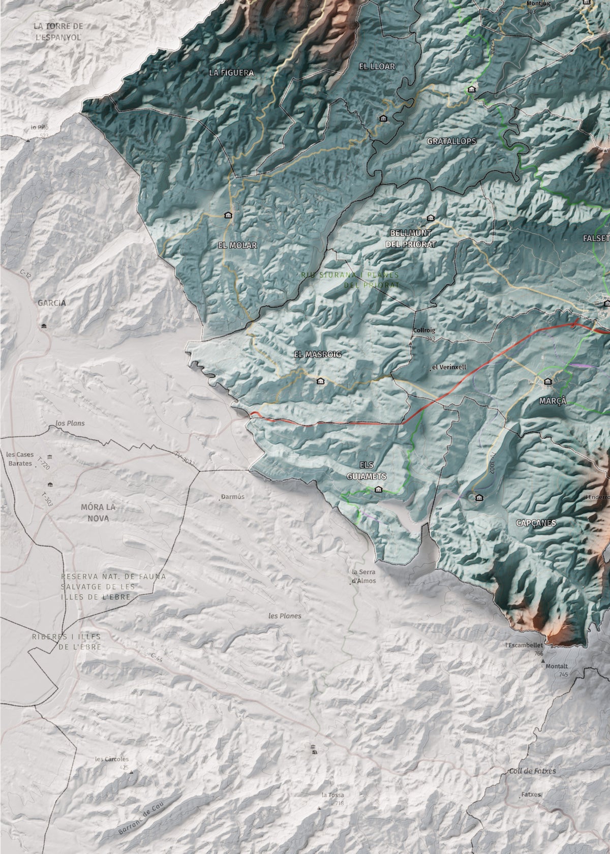Mapa de relieve del Priorat, con el territorio en color y el entorno en blanco. Detalle de la zona inferior izquierda. 50 × 70 cm. Estilo Azul y naranja.