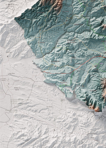 Mapa de relieve del Priorat, con el territorio en color y el entorno en blanco. Detalle de la zona inferior izquierda. 50 × 70 cm. Estilo Azul y naranja.