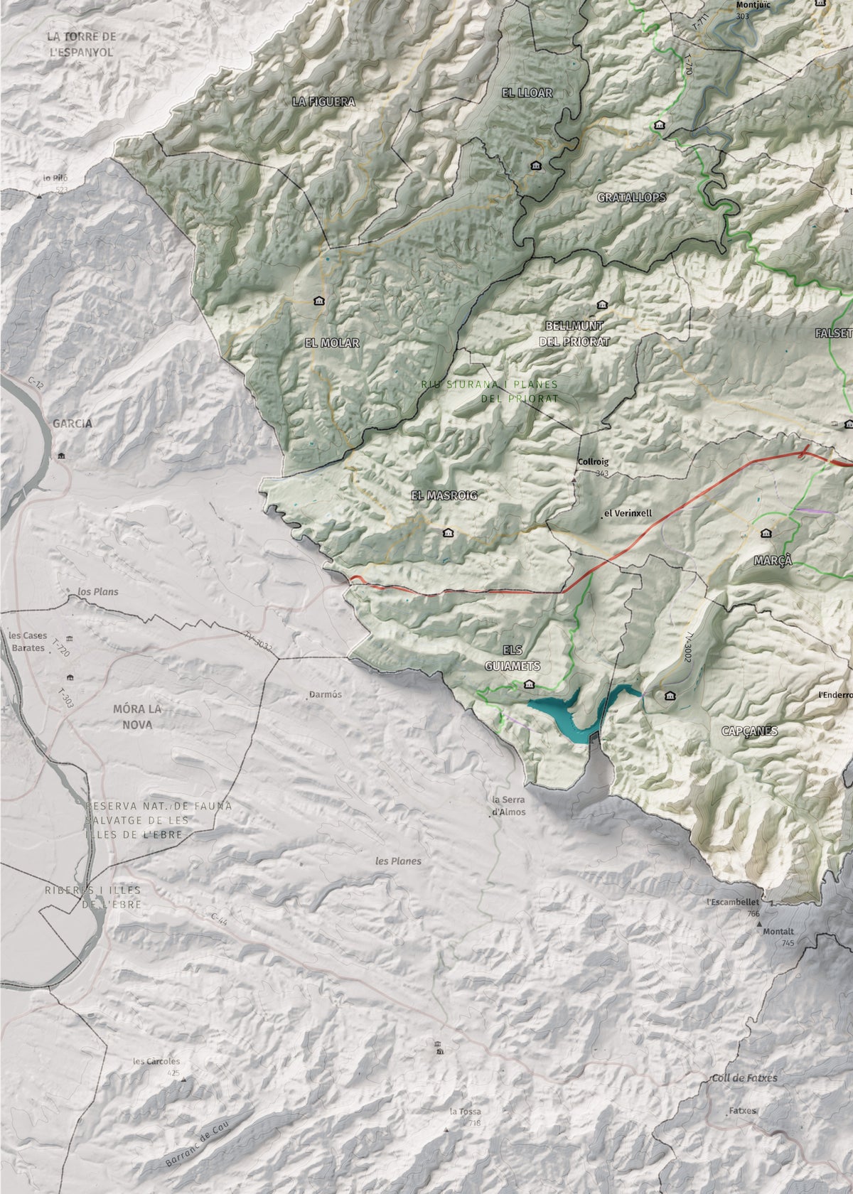 Mapa de relieve del Priorat, con el territorio en color y el entorno en blanco. Detalle de la zona inferior izquierda. 50 × 70 cm. Estilo Cartográfico.