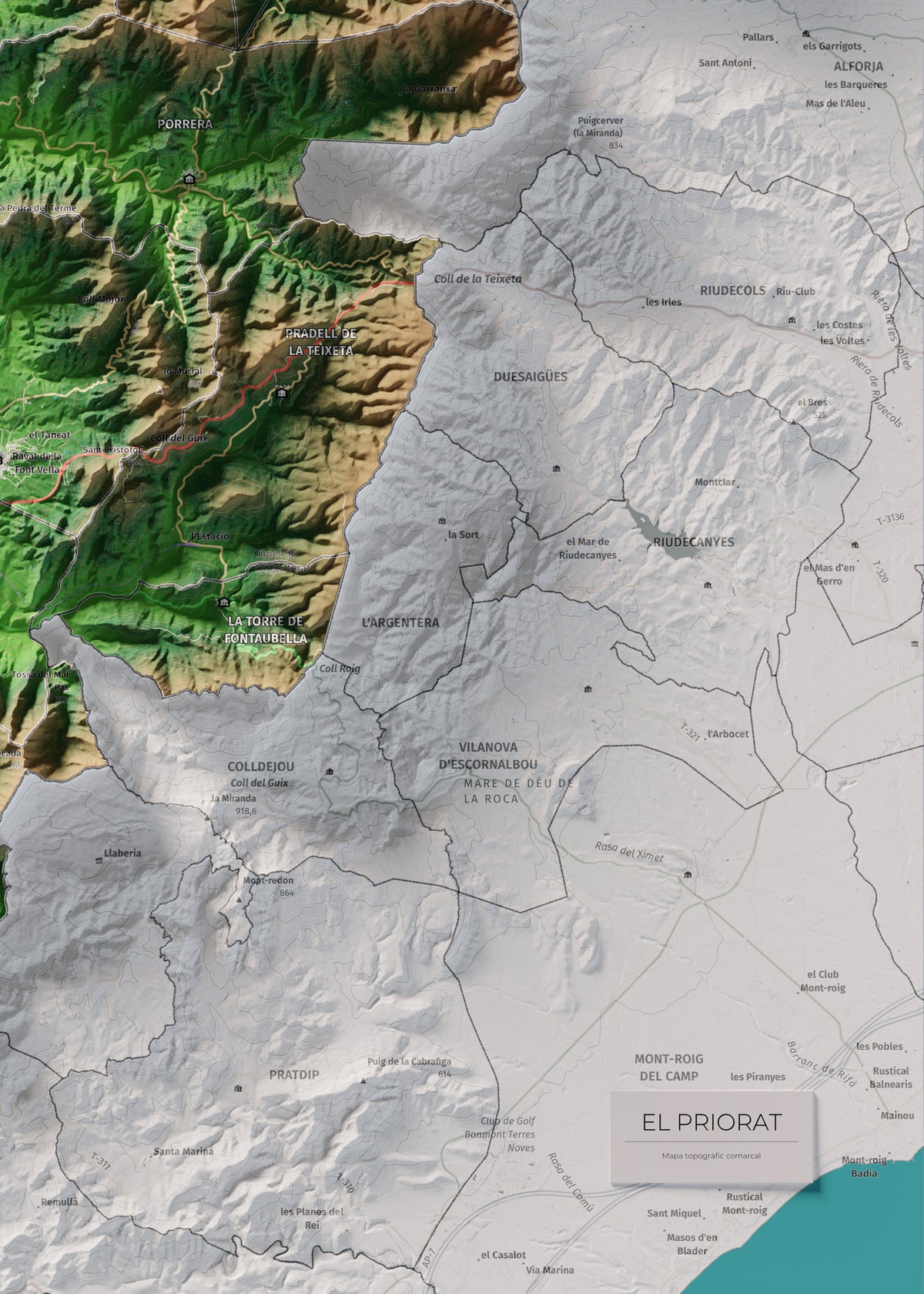 Mapa de relieve del Priorat, con el territorio en color y el entorno en blanco. Detalle de la zona inferior derecha. 50 × 70 cm. Estilo Clásico.