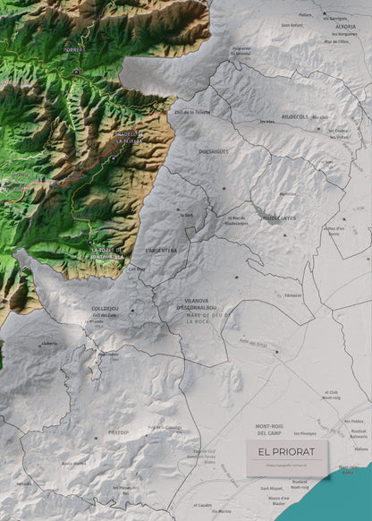 Mapa de relieve del Priorat, con el territorio en color y el entorno en blanco. Detalle de la zona inferior derecha. 50 × 70 cm. Estilo Clásico.