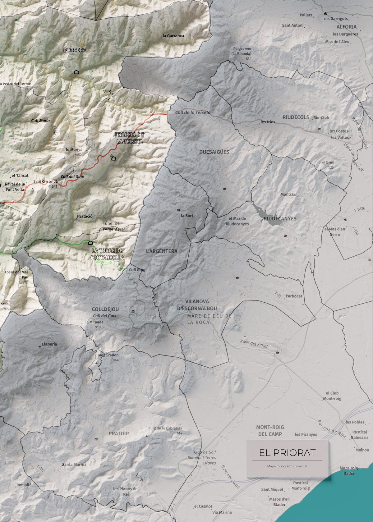 Mapa de relieve del Priorat, con el territorio en color y el entorno en blanco. Detalle de la zona inferior derecha. 50 × 70 cm. Estilo Cartográfico.