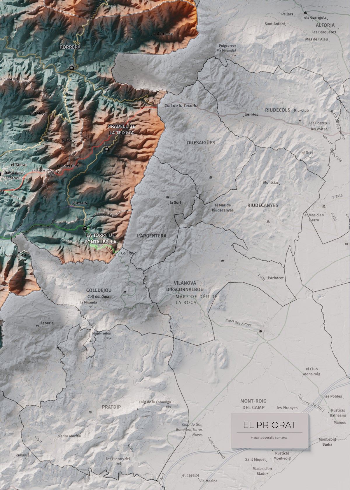 Mapa de relieve del Priorat, con el territorio en color y el entorno en blanco. Detalle de la zona inferior derecha. 50 × 70 cm. Estilo Azul y naranja.