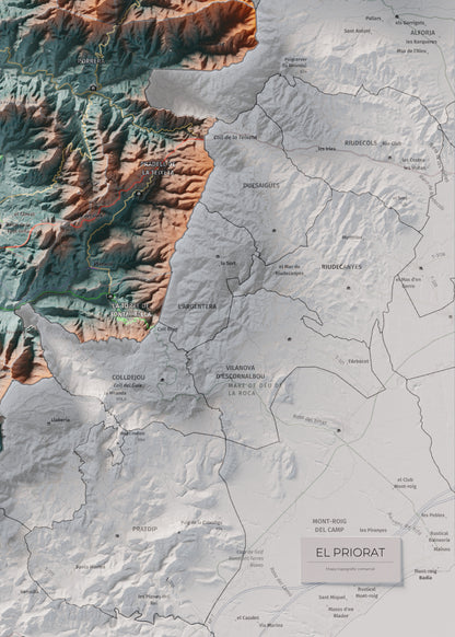 Mapa de relieve del Priorat, con el territorio en color y el entorno en blanco. Detalle de la zona inferior derecha. 50 × 70 cm. Estilo Azul y naranja.