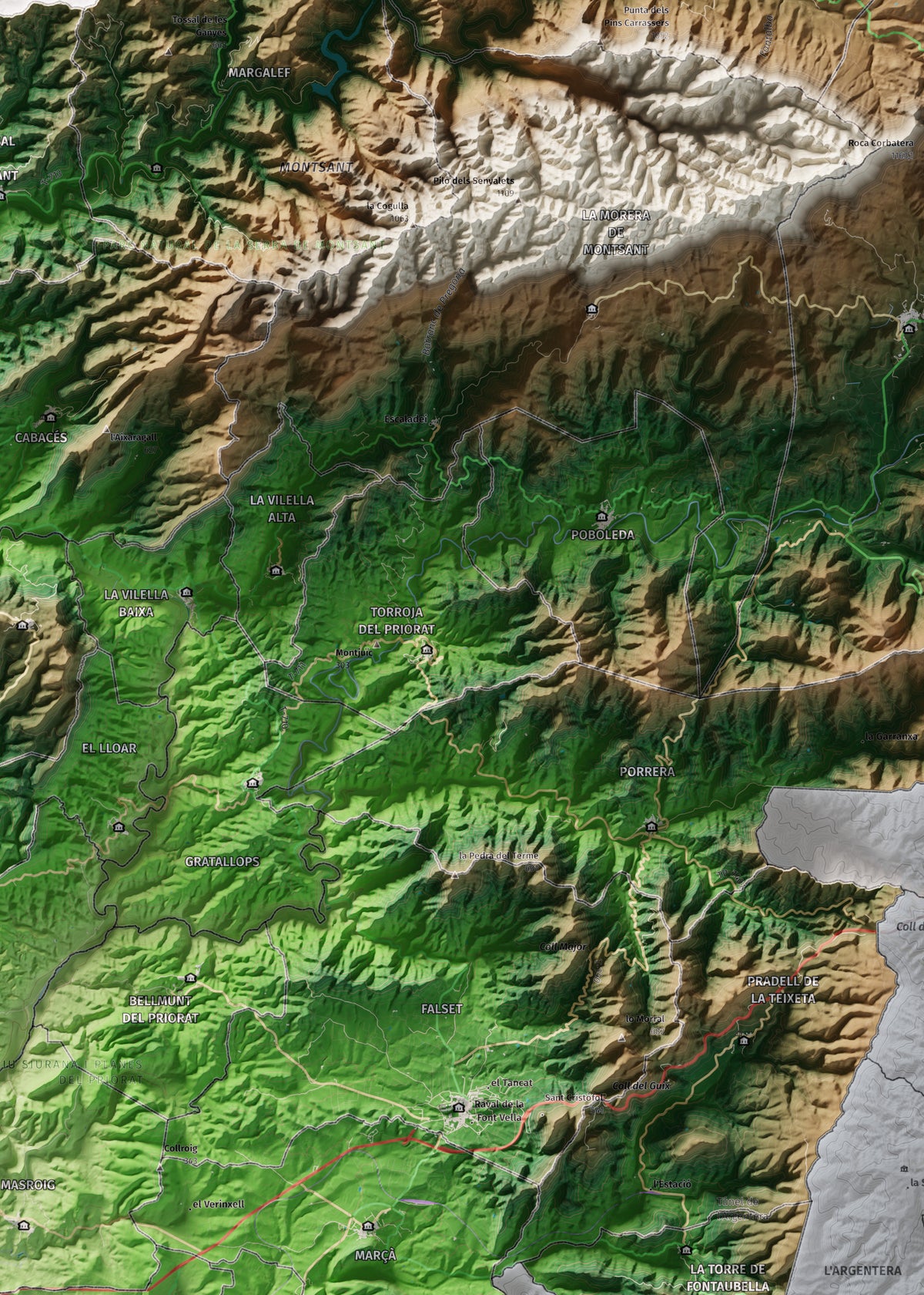 Mapa de relieve del Priorat, con el territorio en color y el entorno en blanco. Detalle de la zona central. 50 × 70 cm. Estilo Clásico.