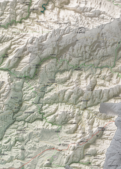 Mapa de relieve del Priorat, con el territorio en color y el entorno en blanco. Detalle de la zona central. 50 × 70 cm. Estilo Cartográfico.