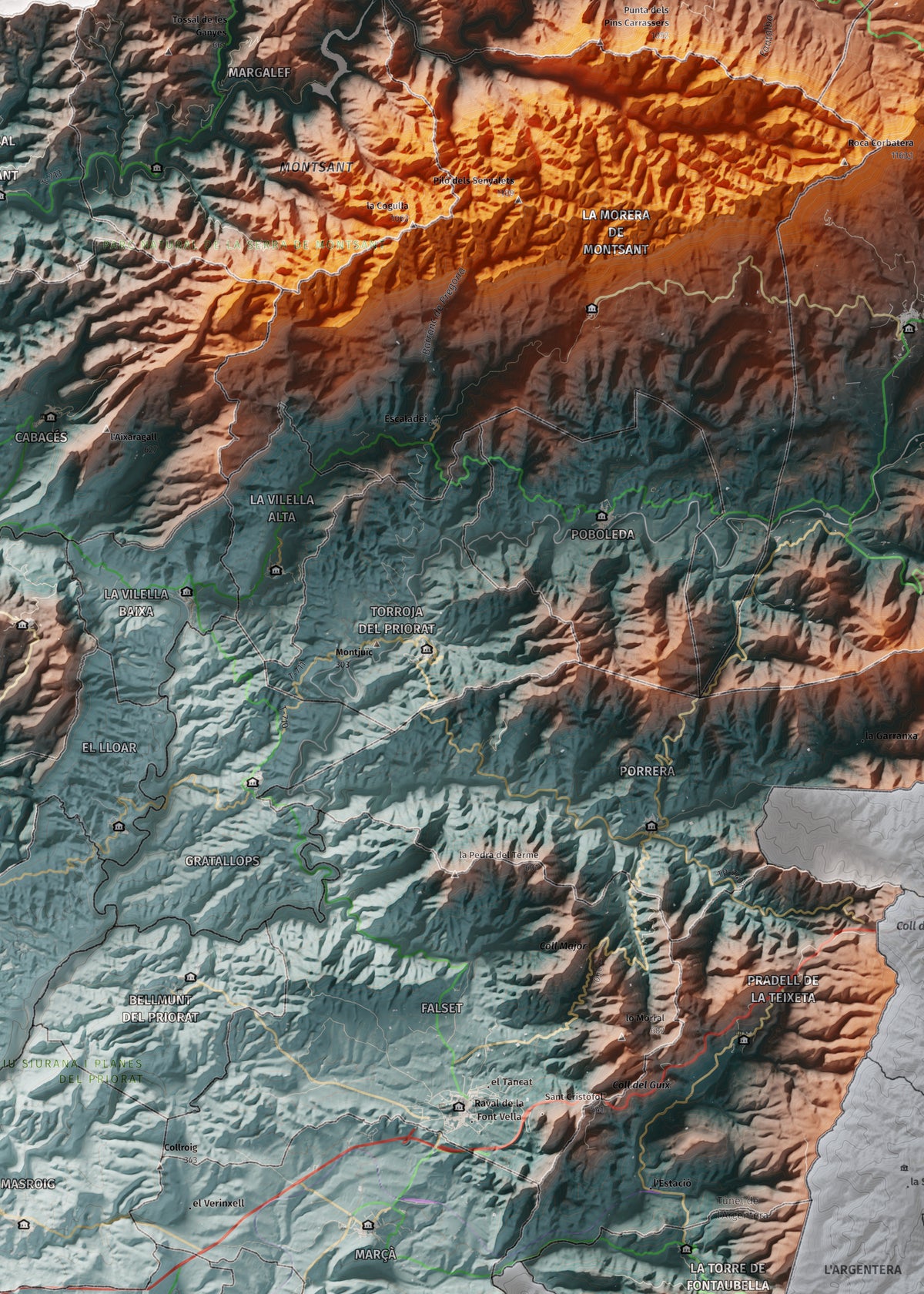 Mapa de relieve del Priorat, con el territorio en color y el entorno en blanco. Detalle de la zona central. 50 × 70 cm. Estilo Azul y naranja.