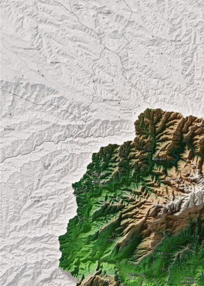 Mapa de relieve del Priorat, con el territorio en color y el entorno en blanco. Detalle de la zona superior izquierda. 50 × 70 cm. Estilo Clásico.
