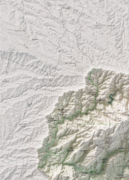 Mapa de relieve del Priorat, con el territorio en color y el entorno en blanco. Detalle de la zona superior izquierda. 50 × 70 cm. Estilo Cartográfico.