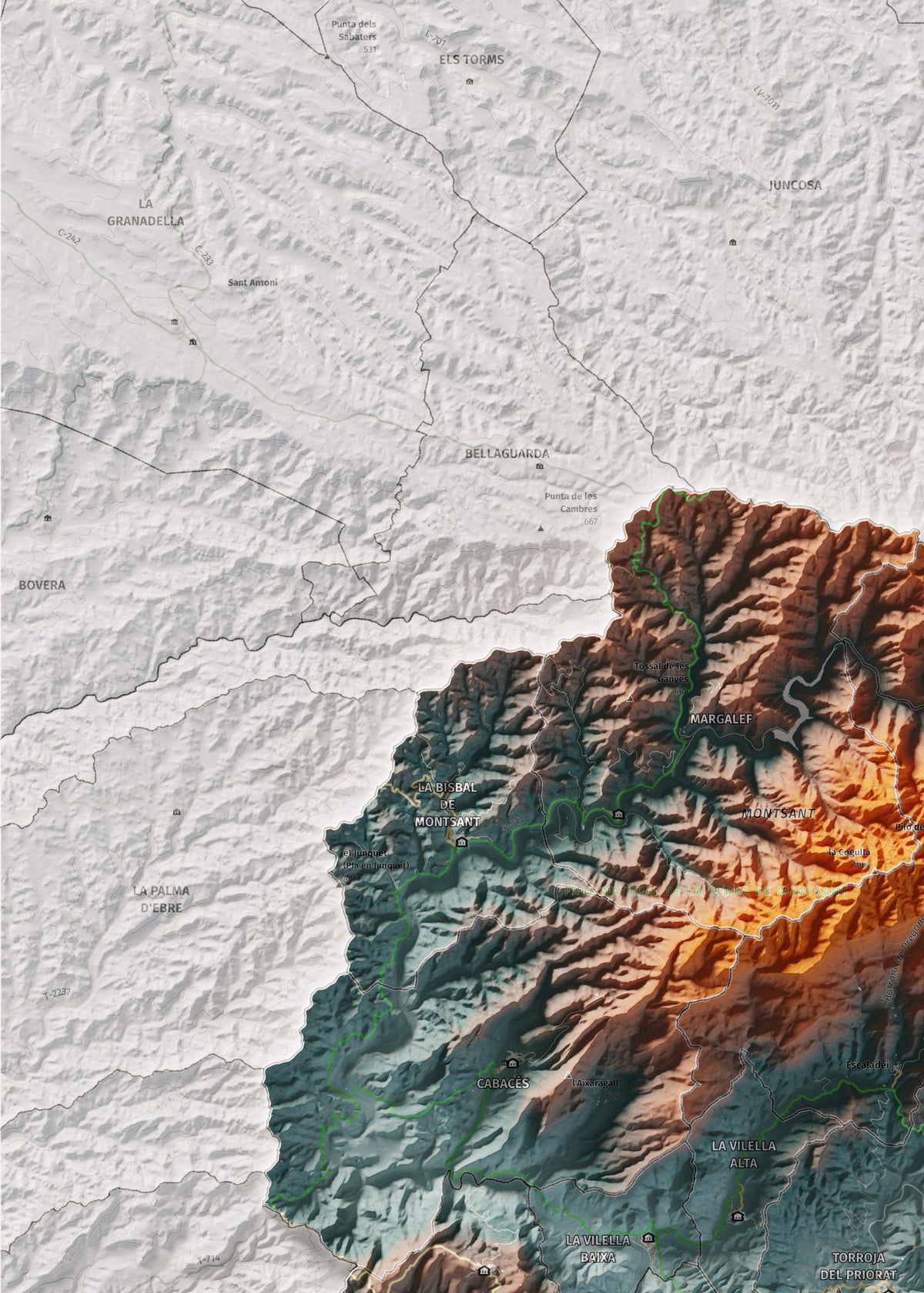 Mapa de relieve del Priorat, con el territorio en color y el entorno en blanco. Detalle de la zona superior izquierda. 50 × 70 cm. Estilo Azul y naranja.