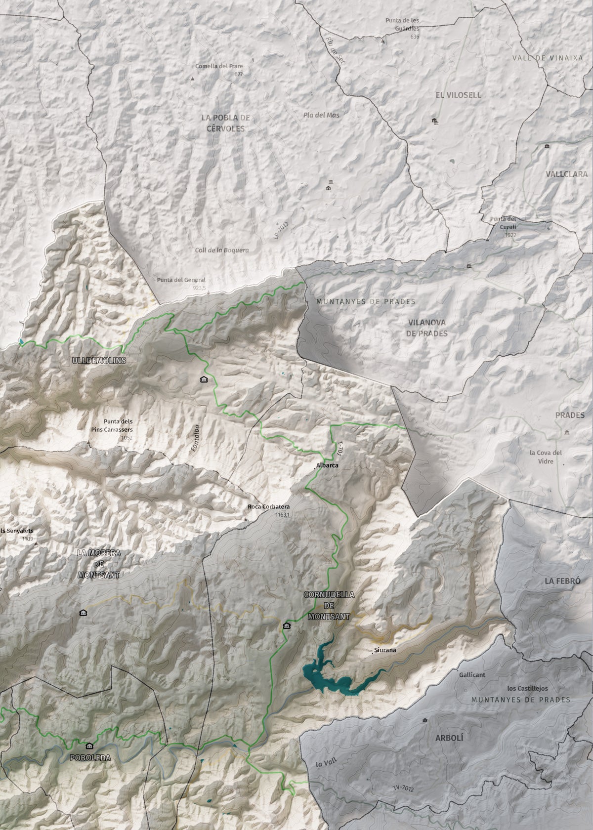 Mapa de relieve del Priorat, con el territorio en color y el entorno en blanco. Detalle de la zona superior derecha. 50 × 70 cm. Estilo Cartográfico.