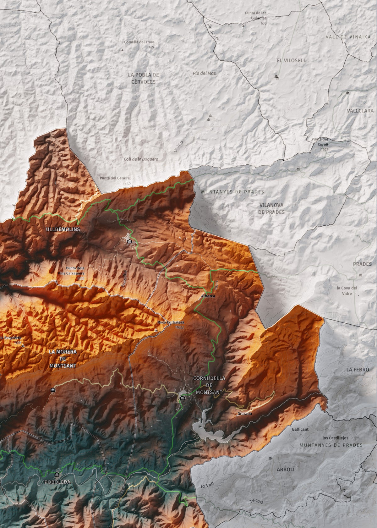 Mapa de relieve del Priorat, con el territorio en color y el entorno en blanco. Detalle de la zona superior derecha. 50 × 70 cm. Estilo Azul y naranja.