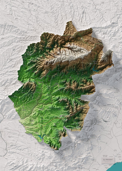 Mapa de relieve del Priorat, con el territorio en color y el entorno en blanco. Vista completa de la lámina. 50 × 70 cm. Estilo Clásico.