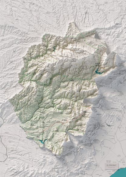 Mapa de relieve del Priorat, con el territorio en color y el entorno en blanco. Vista completa de la lámina. 50 × 70 cm. Estilo Cartográfico.