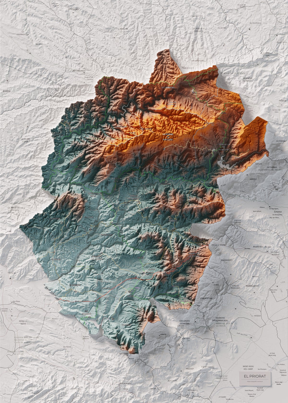 Mapa de relieve del Priorat, con el territorio en color y el entorno en blanco. Vista completa de la lámina. 50 × 70 cm. Estilo Azul y naranja.