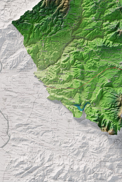 Mapa de relieve del Priorat, con el territorio en color y el entorno en blanco. Detalle de la zona inferior izquierda. 61 × 91 cm. Estilo Clásico.