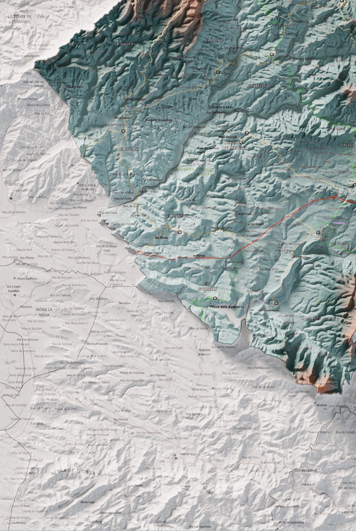 Mapa de relieve del Priorat, con el territorio en color y el entorno en blanco. Detalle de la zona inferior izquierda. 61 × 91 cm. Estilo Azul y naranja.