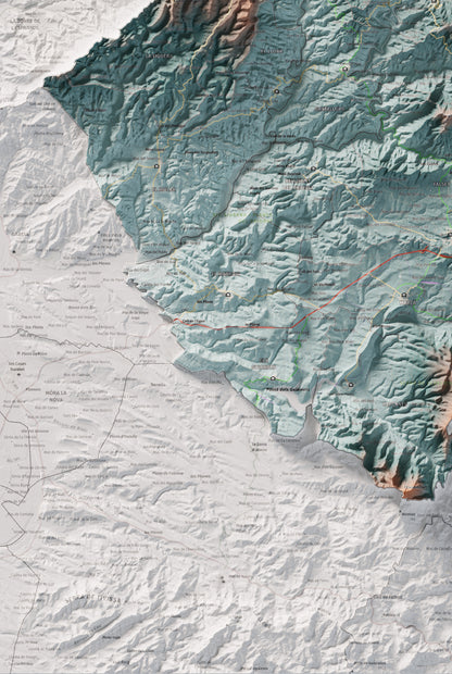 Mapa de relieve del Priorat, con el territorio en color y el entorno en blanco. Detalle de la zona inferior izquierda. 61 × 91 cm. Estilo Azul y naranja.
