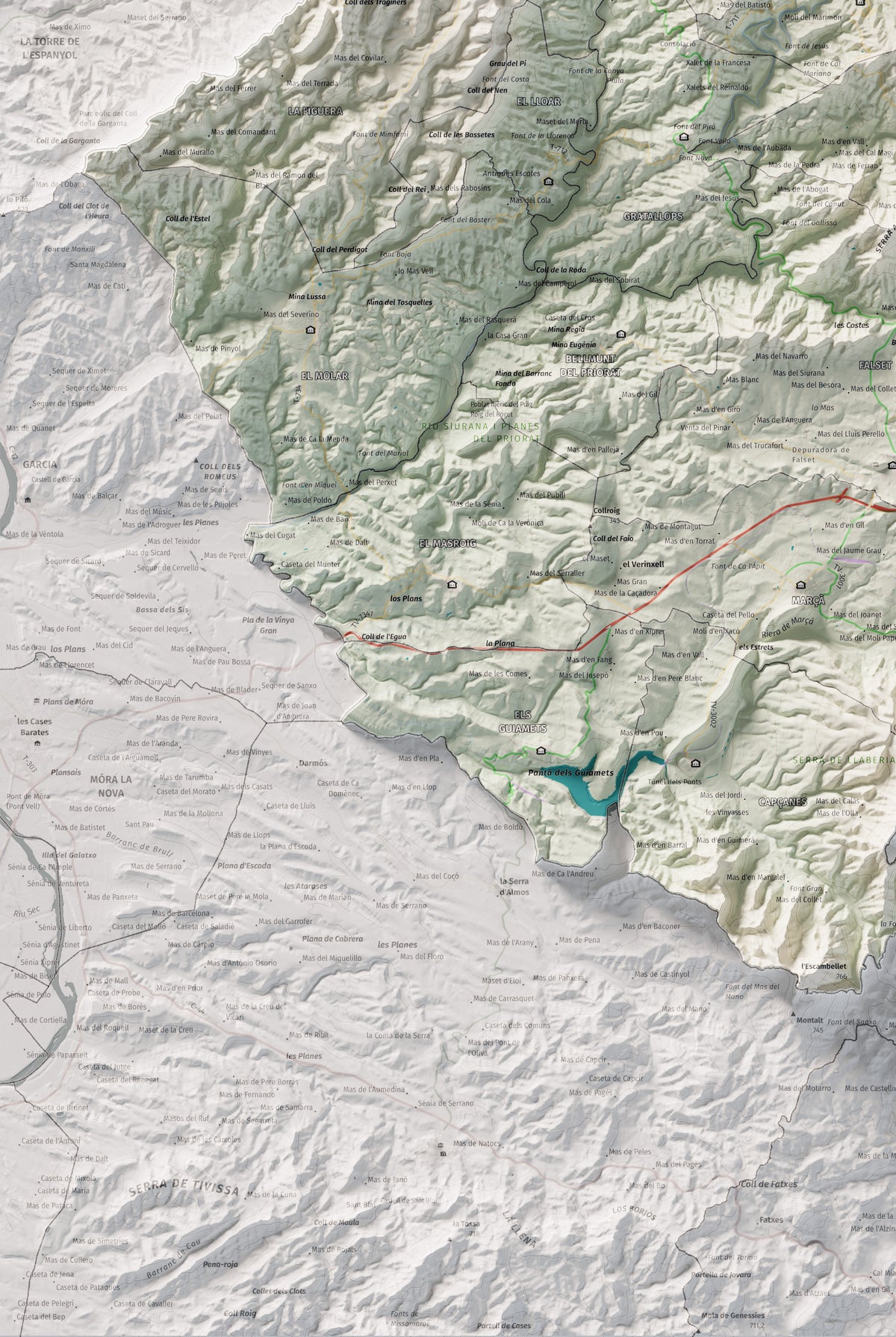 Mapa de relieve del Priorat, con el territorio en color y el entorno en blanco. Detalle de la zona inferior izquierda. 61 × 91 cm. Estilo Cartográfico.