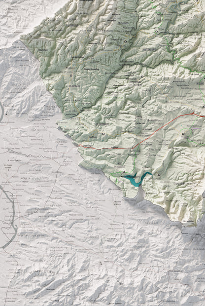 Mapa de relieve del Priorat, con el territorio en color y el entorno en blanco. Detalle de la zona inferior izquierda. 61 × 91 cm. Estilo Cartográfico.